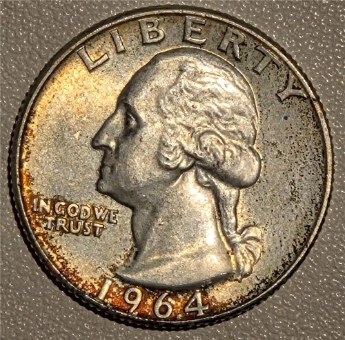 HIGH GRADE 1964-D Washington Quarter 90% Silver Denver With Album Toning