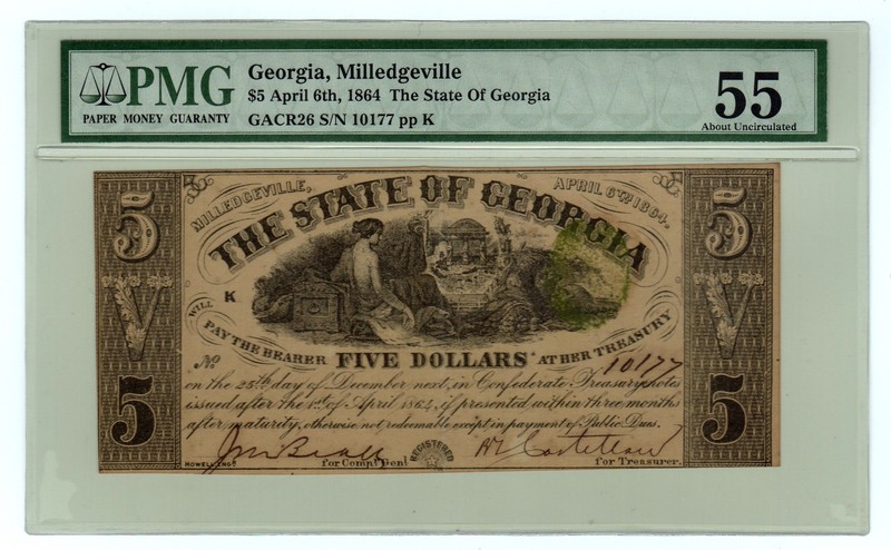 1864 $5 The State of Georgia Note - PMG 55