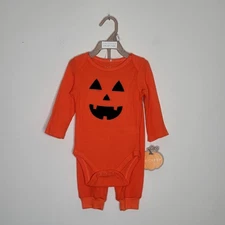 NWT Chickpea Unisex Baby 3/6 M Girls Boys Orange Jack-o-lantern 2 Pc Ribbed Set