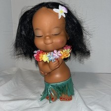 Vintage Girl Hawaiian 9" Hard Plastic Hula Doll Grass Skirt Eyes Closed