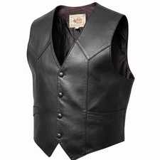 Vintage M M Western Black Leather Vest Buttons Pockets Med/Large Biker Cowboy
