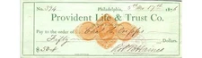 Provident Life & Trust Check 1876 Philadelphia Banking Ephemera PA History