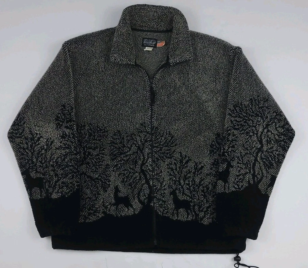 Vintage 90s Big Chill Nature Deer Forest Pattern Fleece Jacket USA Made Outdoors