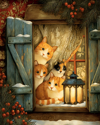 8x10 Cozy Storybook Cat and Cat Sitting in Window Art Print Heritage - 509601283