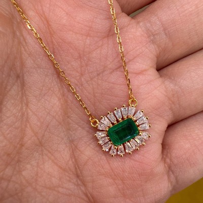 Emerald Cut Simulated Emerald 14K Yellow Gold Plated Halo Pendant With 18'' Chain