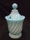 Vintage Blue Opaline Milk Glass Lidded Twisted Jar Portieux Vallérysthal