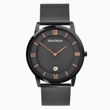 Schmale Herren-Armbanduhr Smart neu Sekonda schwarz IP & Roségold Ziffern Milanaise
