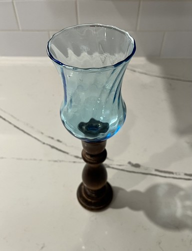 Vintage Homco Votive Candle Holder w/Blue Glass & Wood Stand Base 11" - Picture 4 of 7