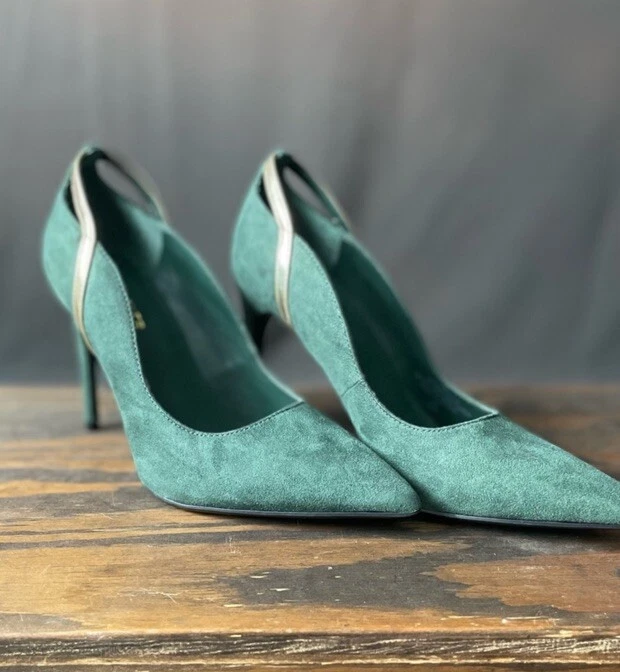 Zapatos de salón Marc Fisher de gamuza verde brillante y dorado punta puntiaguda tacón de aguja talla 7 Foto 4 de 4