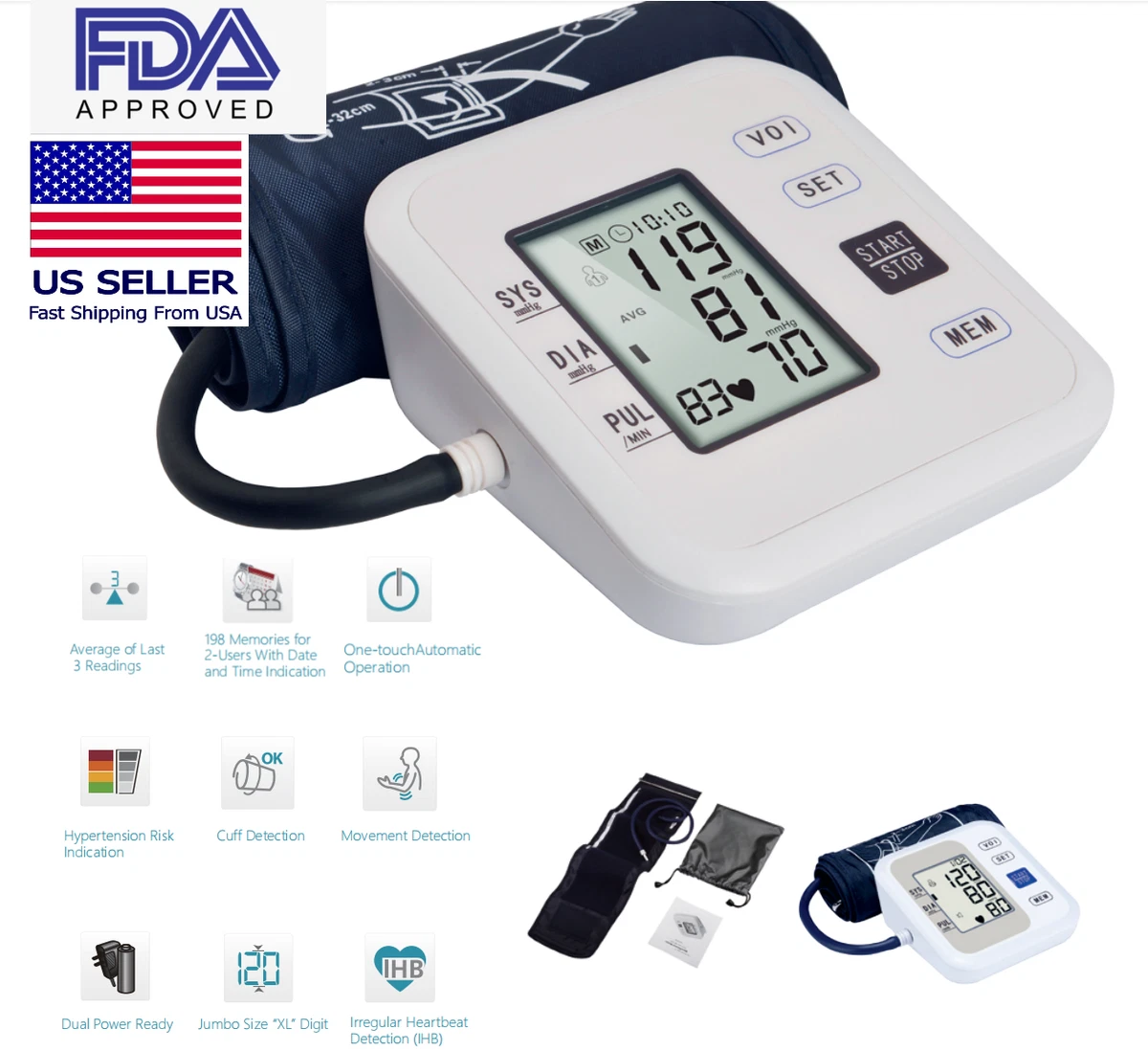 Homeuse Digital Arm Automatic Blood Pressure Monitor Cuff Pulse Heart Rate  B1681