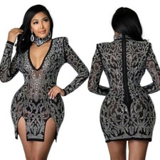 Sexy Women’s Long Sleeve Deep V-Neck Rhinestone Split Mesh Sheer Club Mini Dress