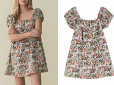 Women Doen Cotton Mini Dress Floral Puff Sleeve Loose Short Dress