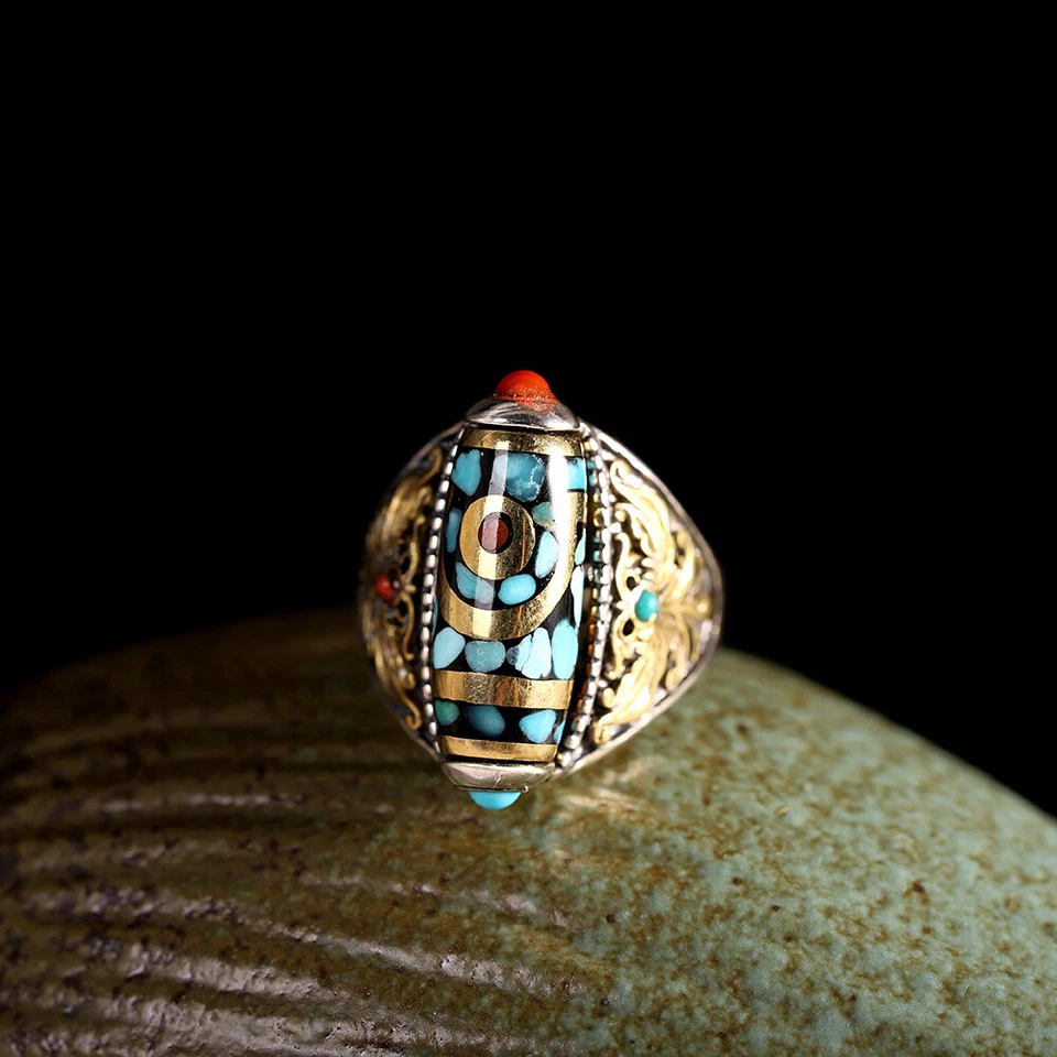 I03 Ring tibetisch Dzi-Perle drehbar Glücksbringer Silber 925 Türkis verstellbar - Bild 2 von 4