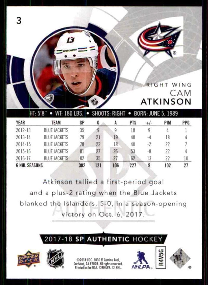 2017-18 Upper Deck SP Authentic Cam Atkinson #3 - Image 2 of 2