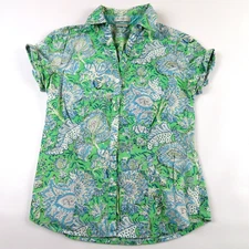 Women VANHEUSEN green blue paisley short sleeve fitted Shirt Size XS