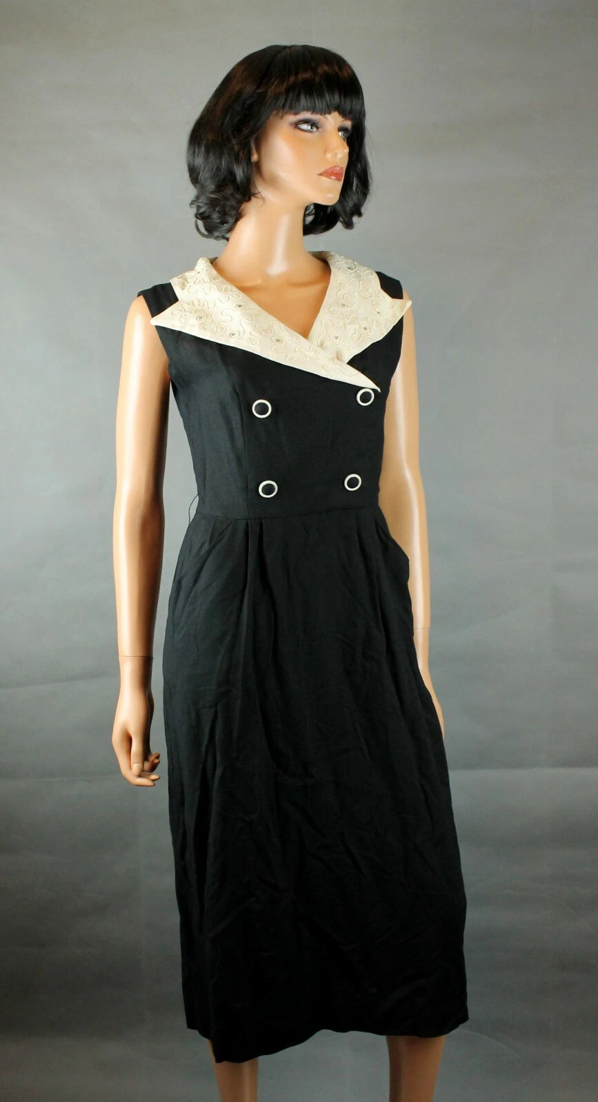 OFF WHITE Abito da cocktail vintage anni '40 taglia S nero scuro lana bianca senza maniche strass