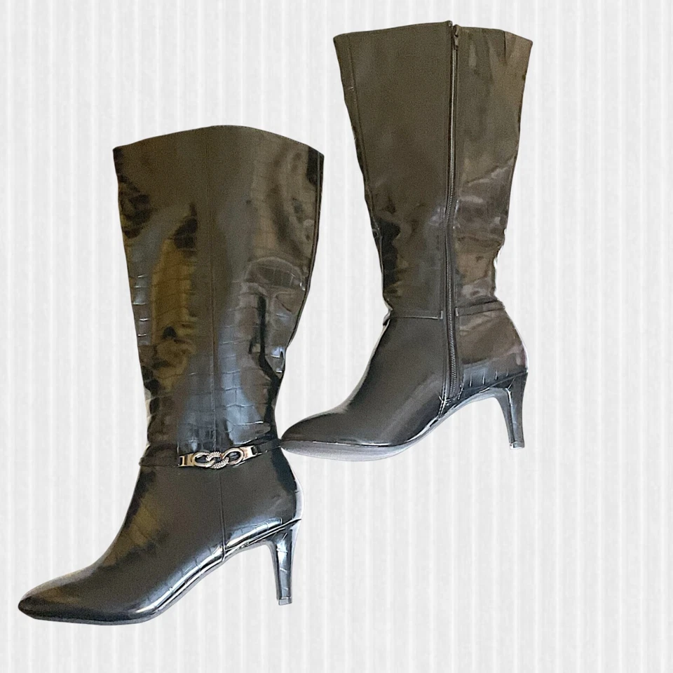 Karen Scott Boots Women Black SZ 7.5M Hanna Croc Wide-Calf Knee High Silver - Image 2 of 4