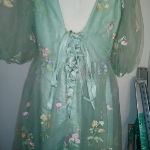 Fairycore salbeigrün Waldfee Blumen Kleid Korsett verstellbar Puffärmel S/M - Bild 5 von 18