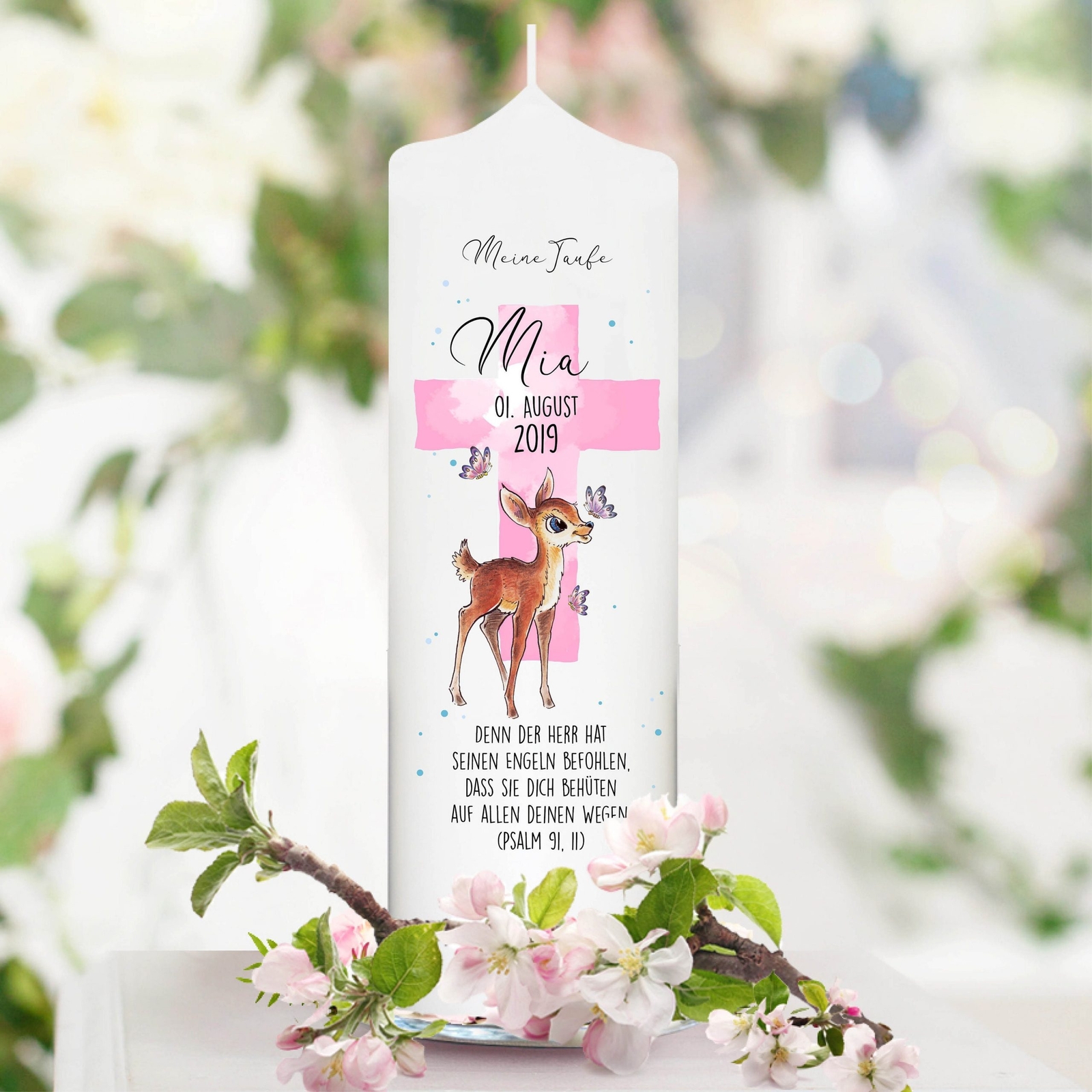 Taufkerze Junge/ Mädchen Rehkitz mit Schmetterlingen bedruckt mit Namen, Datu...