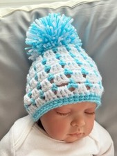 Brand New hand made crochet baby hat ,white and Turquoise, pom pom 3-6 months