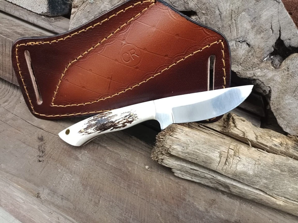 HANDFORGED CUSTOM HUNTING, SKINNING COWBOY KNIFE WITH STAG HANDLE & SHEATH - Image 2 of 4