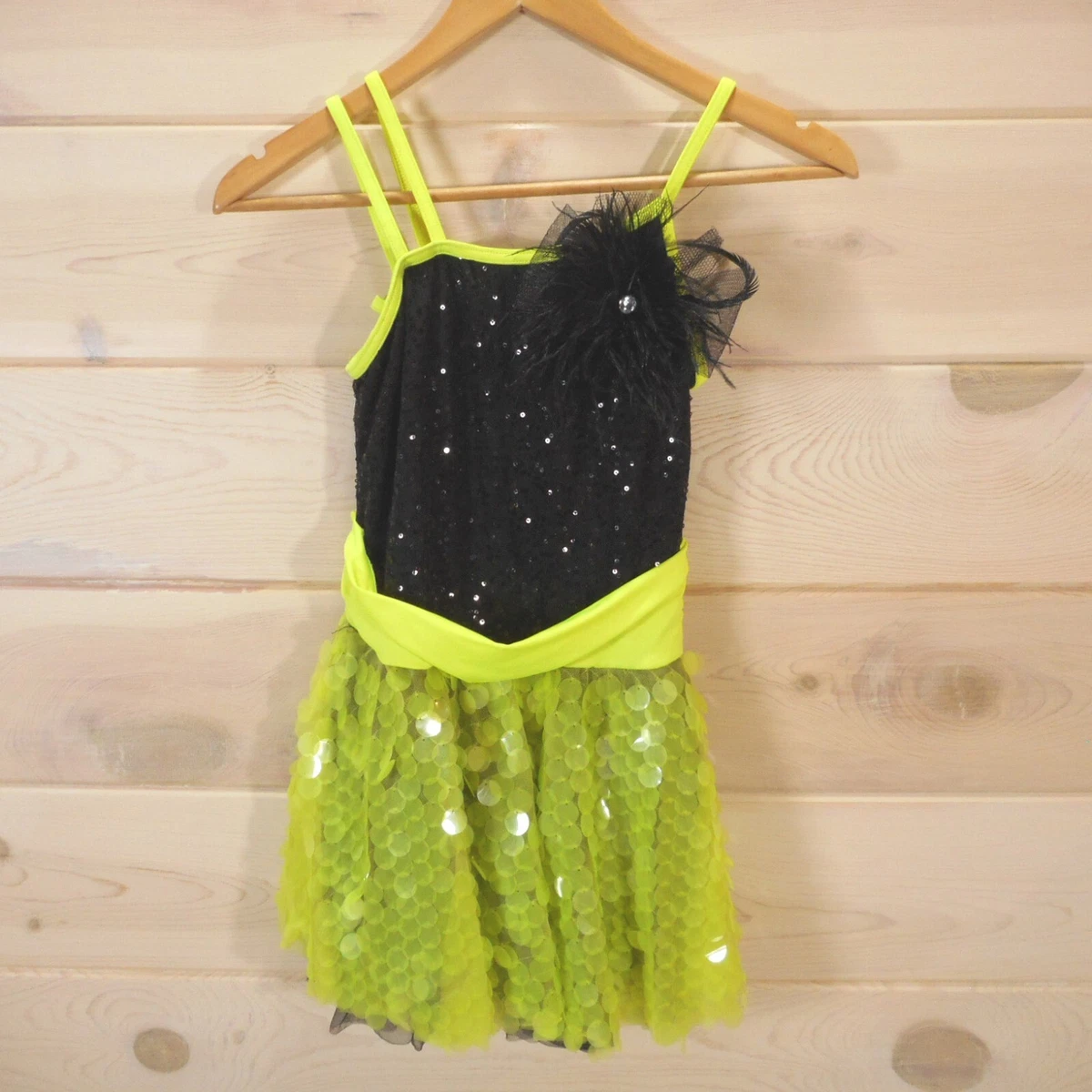 Weissman Dance Costume Sz LC Large Child Black Neon Yellow Sequin