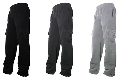 Mens Fleece Lined Cargo Sweat Pants Track Pants With bottom Drawstring L-2XL