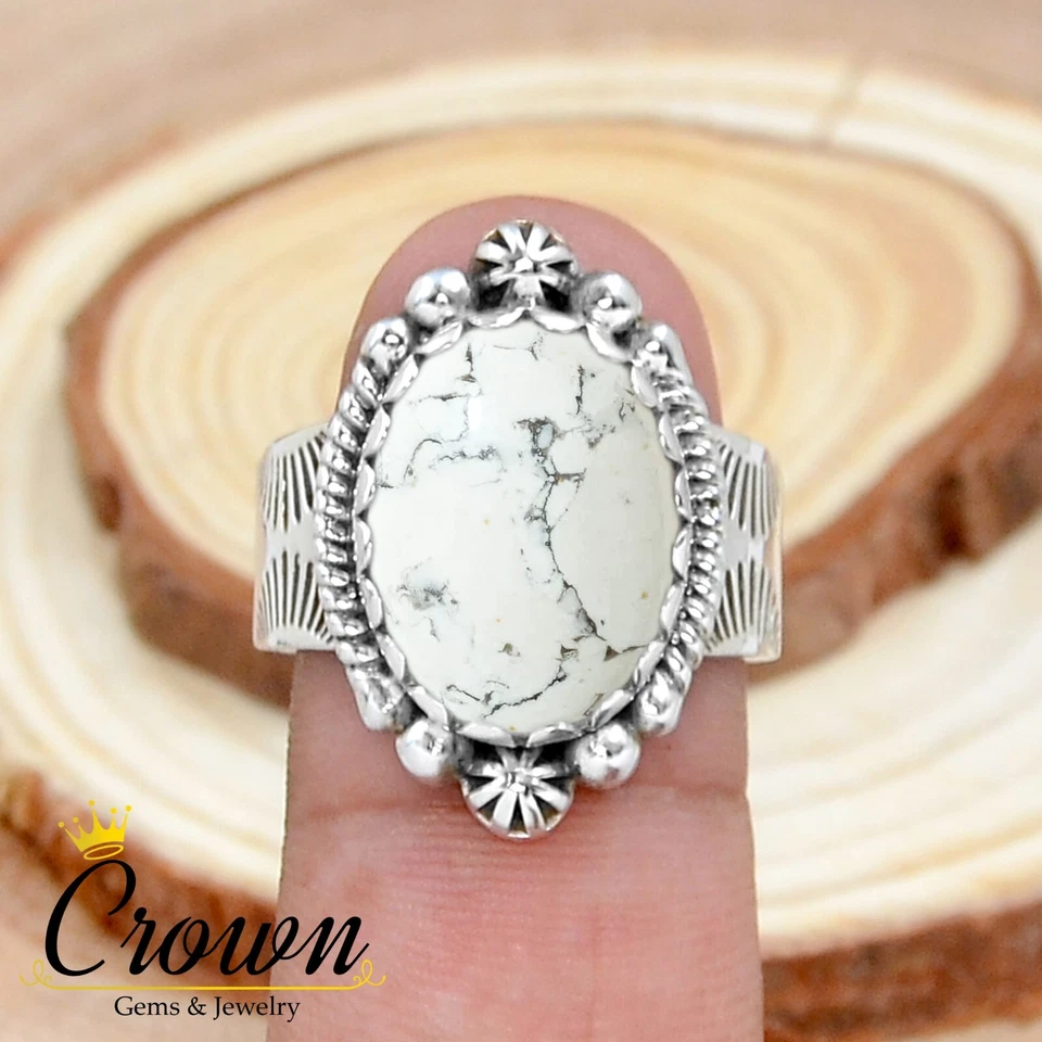 Anillo Howlita Blanco Plata de Ley 925 para Mujer Joyería Fina - Talla US 4-14 Foto 3 de 3