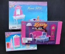 Spa Set Bathtub Vanity Dressing Room Mirror Couch Barbie Doll Furniture Lot 3 C.