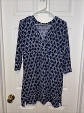 Lands End Women M Navy Nautical Rope Print Dress Cover Up V Neck Blue V-0929