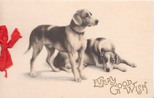 hunting hounds, one lying, one stands, artist C. REICHERT, Tuck Christmas card
