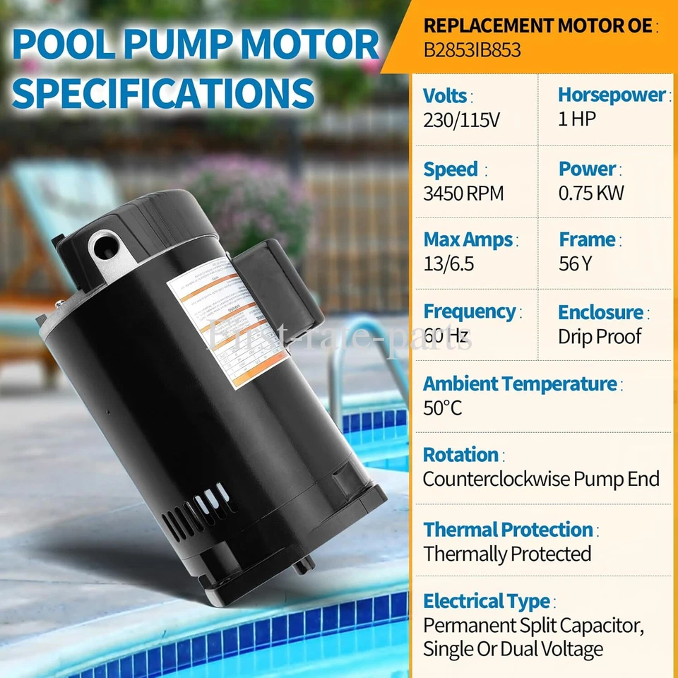 New B2853 B2853V1 1HP 230V / 115V Single Speed Square Flange Pool Pump Motor - Image 4 of 4