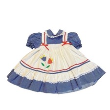 Toddler Girls Pinafore Dress 2T 3T Blue White Prairie Cottagecore Summer 80s Vtg