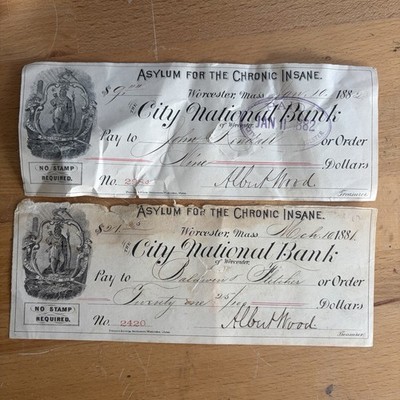 2 1880 s Asylum for the Chronic Insane Bank Check Worcester MA City National