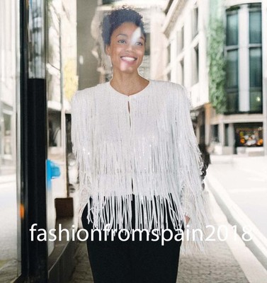 ZARA NEW WOMAN ZW COLL SEQUIN FRINGE JACKET OYSTER WHITE S,M,L