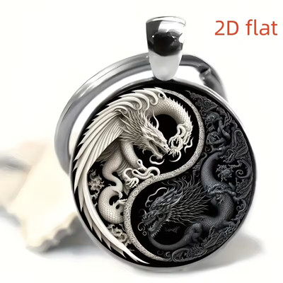 2D Flach Drachen Schlüsselanhänger   Retro Metall- & Glas-Design, Keyring für Ge