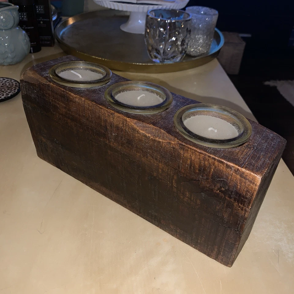 Dark Wood Centerpiece Votive Holder Primitive Rustic Home Decor Heavy NICE - Image 3 of 4