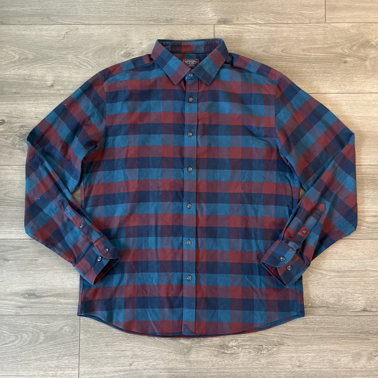 UNTUCKit Mens XL Button Up Long Sleeve Shirt Blue Green Burgundy Checker