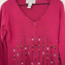 Tiara International Christmas Cardigan Sweater Medium Pink Snowman Sequin Zip