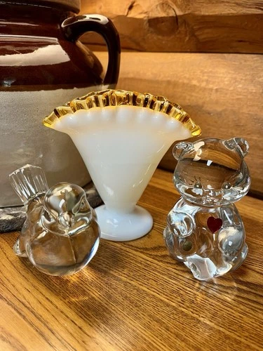 Fenton Lot of 3 Clear Bird Bud Vase July Birthstone Bear Paint Your Own Pieces