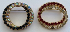 Vintage Lot of 2 Double Circle Rhinestone Brooch Black Red AB Aurora Borealis