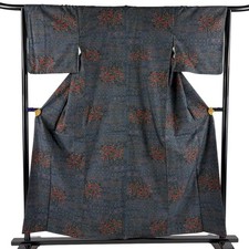 Kimono Tsumugi Silk M Navy Geometric Floral Excellent Condition Authentic