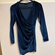 SHEIN Teal Blue Velvet Wrap Mini Dress M Long Sleeve Draped Asymmetrical Hem