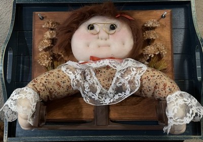VTG Wood Plastic Wall Paper Towel Holder Plush Doll Head Glasses Lace Grandma