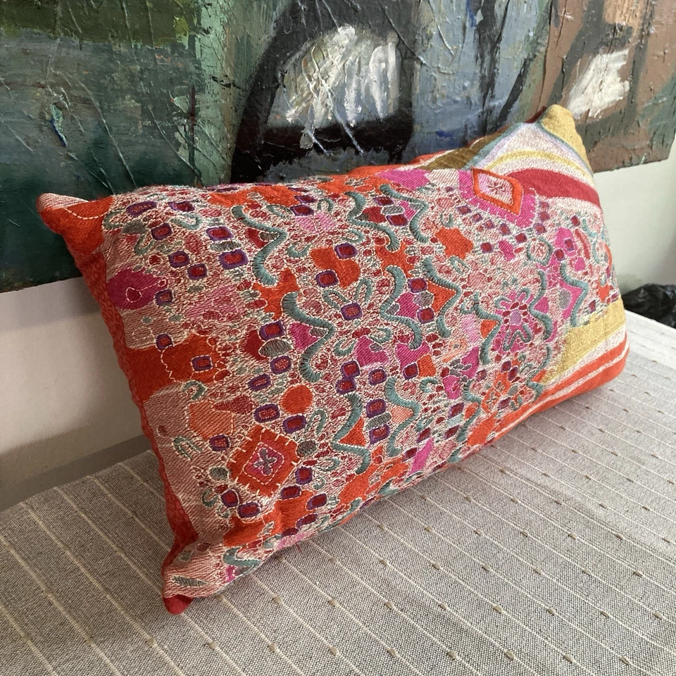 Natori Lumbar Throw Pillow Boho Embroidered Feather Insert 12" X 20" Oblong - Image 4 of 4