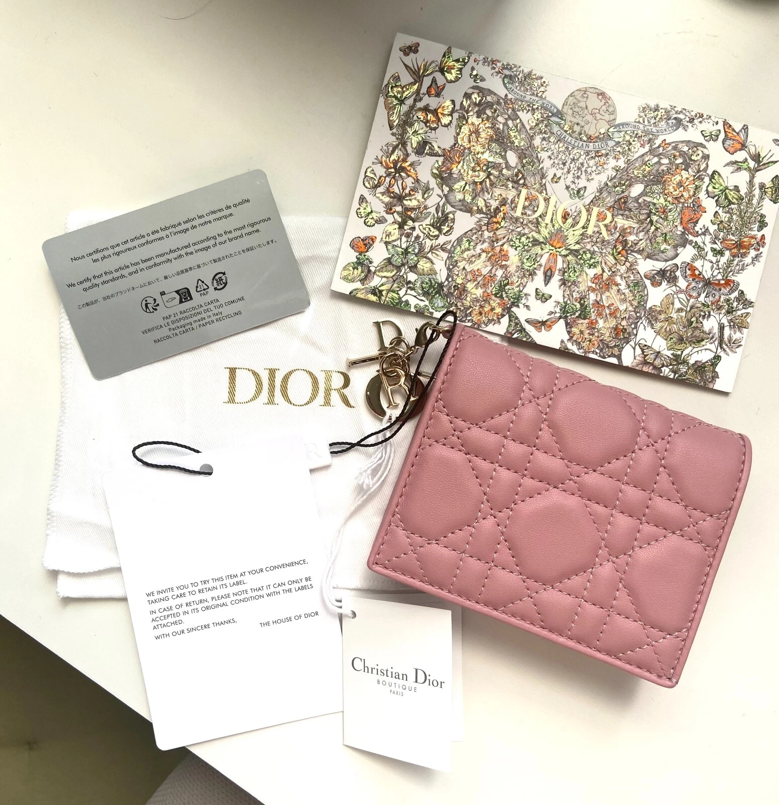 Mini portefeuille en peau d'agneau Lady Dior   Cannage rose antique (S0178ONMJ_M77P)