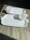 VINTAGE 1930's Hazel Atlas Milk Glass In Dogwood Floral Snack Plates Tea Cup