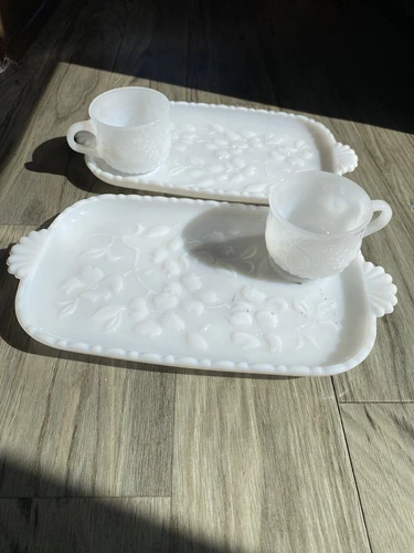 VINTAGE 1930's Hazel Atlas Milk Glass In Dogwood Floral Snack Plates Tea Cup