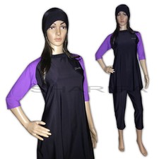 SHARIFA Badeanzug Schwarz Poolanzug Tesettür Mayo Lila 3/4 Burkini Anzug Kappe