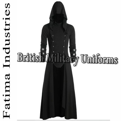 New Men's Black Cotton Long Coat Gothic Steampunk Cloak Hooded Vampire Cosplay